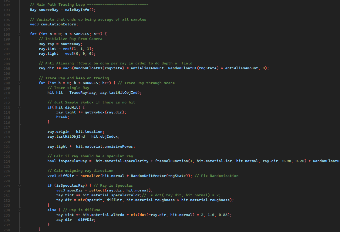 Snippet of the path tracer source code