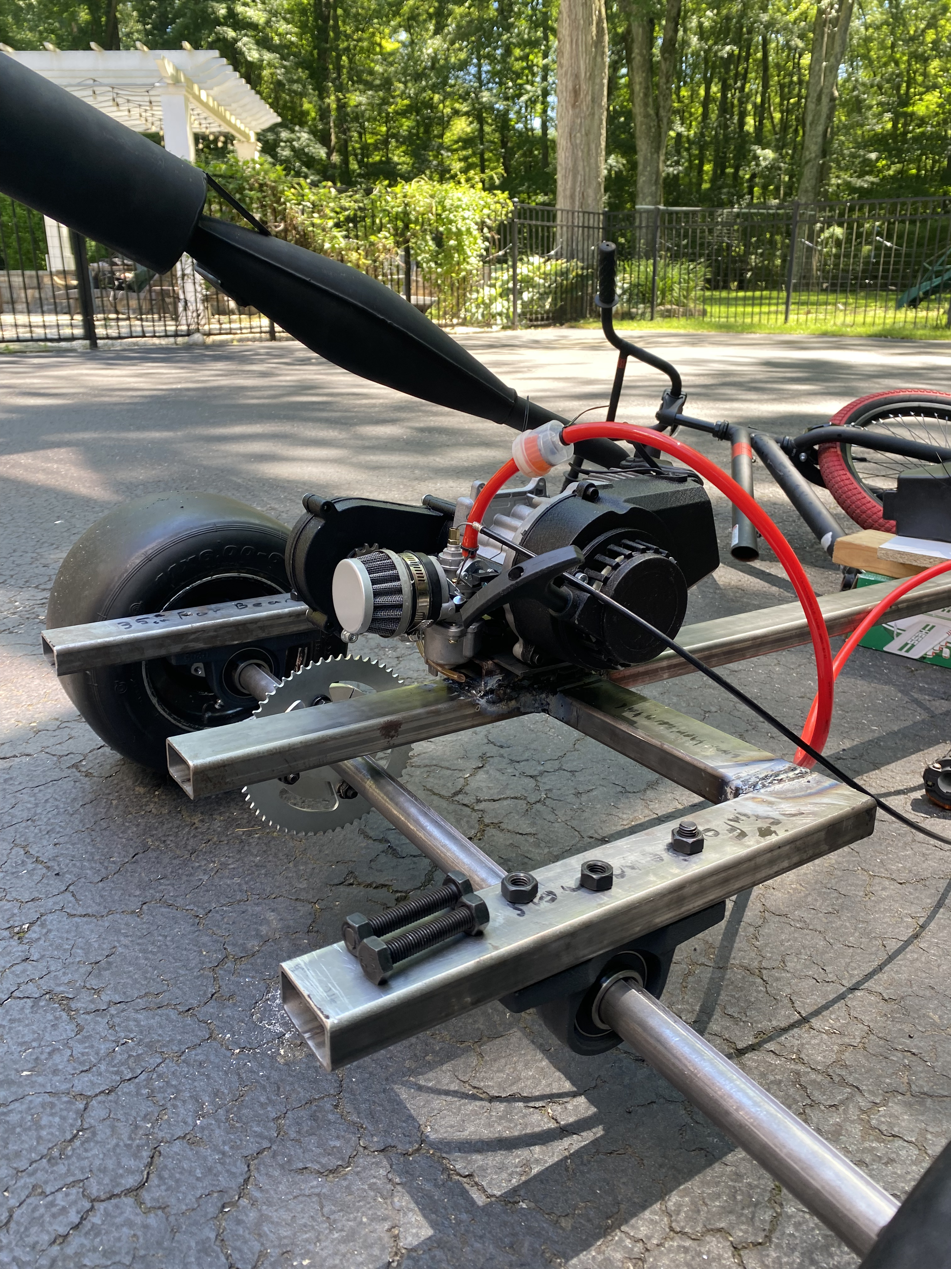 Rear view of the trike's engine and drivetrain